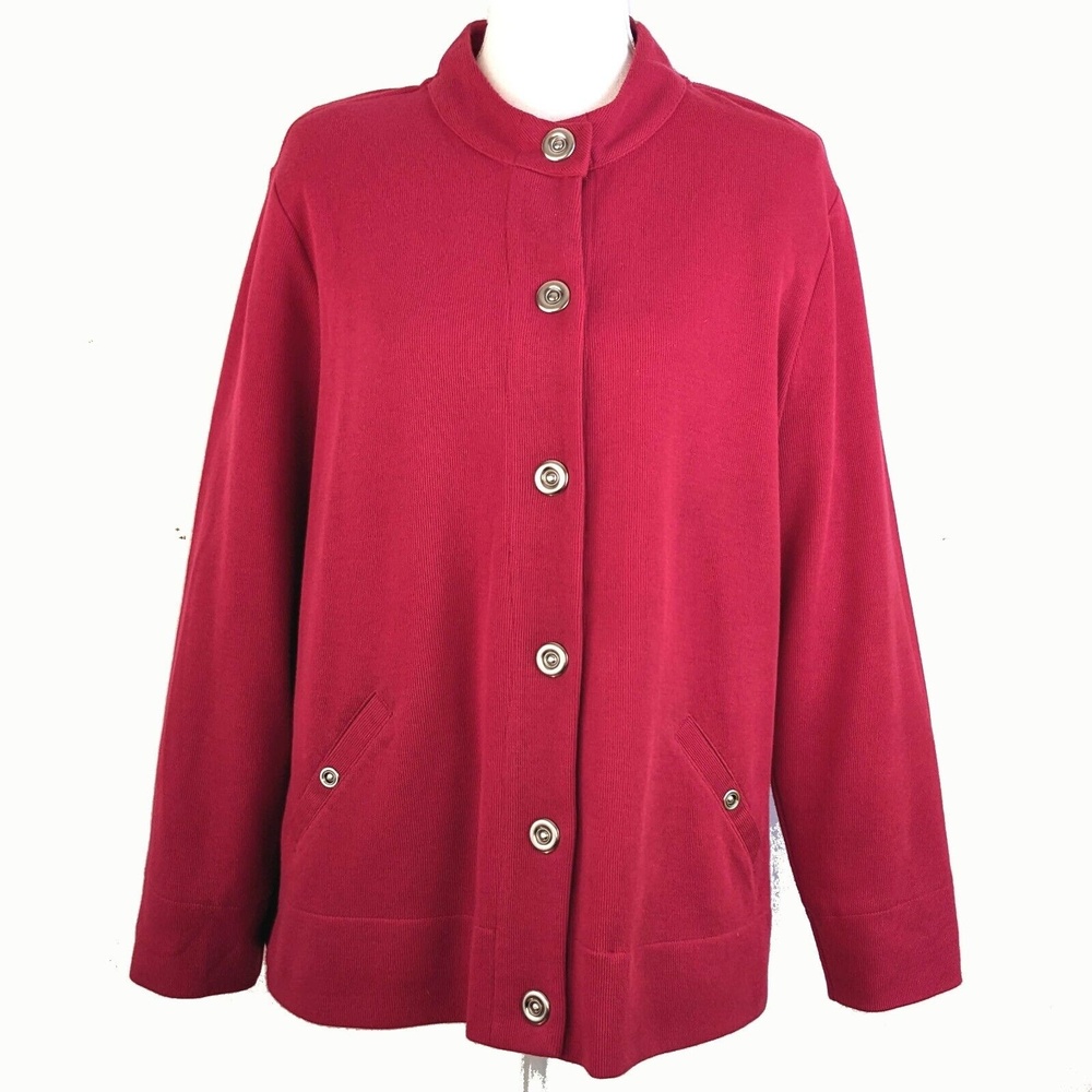 Bechamel Womens Large Red Knit Cardigan Tunic Silver Grommet Snaps
